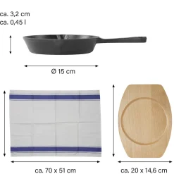 Freyersbacher Gusseisenpfanne 15 cm, Emaille Bratpfanne | mit Brett und Tuch