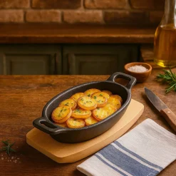 Freyersbacher Kleine Gusseisenpfanne Oval 14x9 cm, Emaille Servierpfanne | Mit Brett und Tuch