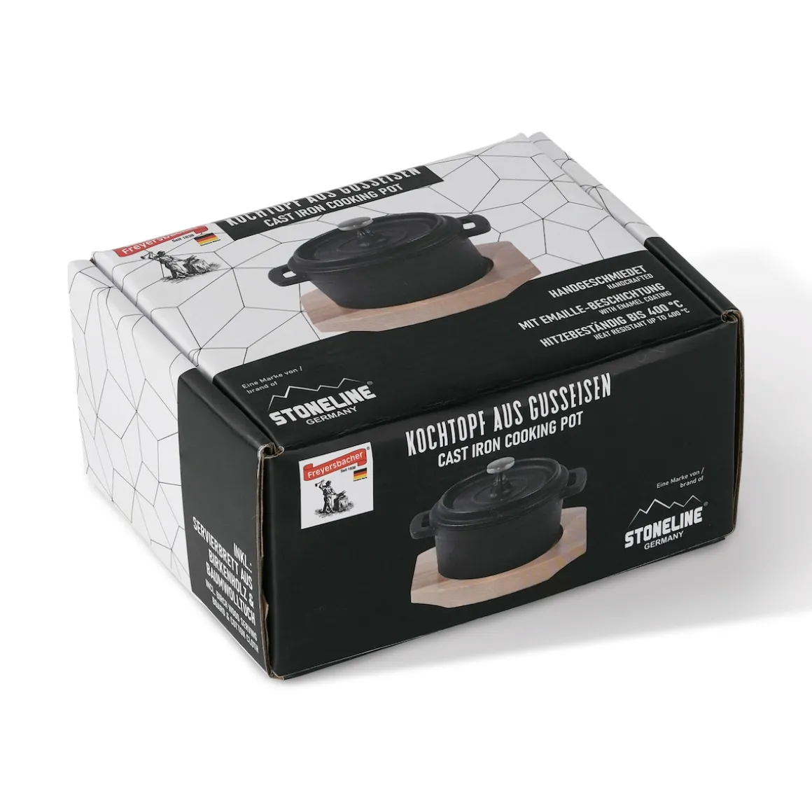 Freyersbacher Mini Cocotte 9 cm Gusseisen, Kleiner Emaille Topf | Rund, mit Brett und Tuch