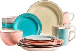 Geschirr-Set, Steingut Lumaca Koralle /Grau /Grün /Blau