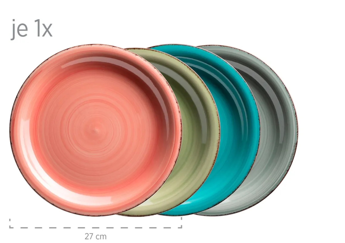 Geschirr-Set, Steingut Lumaca Koralle /Grau /Grün /Blau