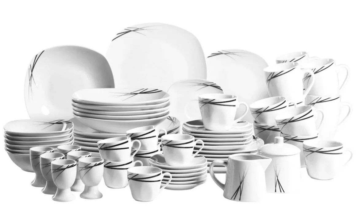 Kombiservice, Porzellan LINEA NERA 6 x Speisteller, 6 x Suppenteller, 6 x Dessertteller, 6 x Kaffeetasse, 6 x Kaffeeuntertasse, 6 x Espressotasse, 6 x Espressountertasse, 6 x Kaffeebecher, 6 x Müslischüssel, 6 x Eierbecher, 1 x Zuckerdose, 1 x Giesser
