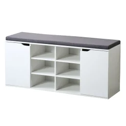 Schuhschrank mit Sitzkissen, 2 Türen und 6 Fächer weiß/grau