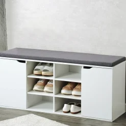 Schuhschrank mit Sitzkissen, 2 Türen und 6 Fächer weiß/grau