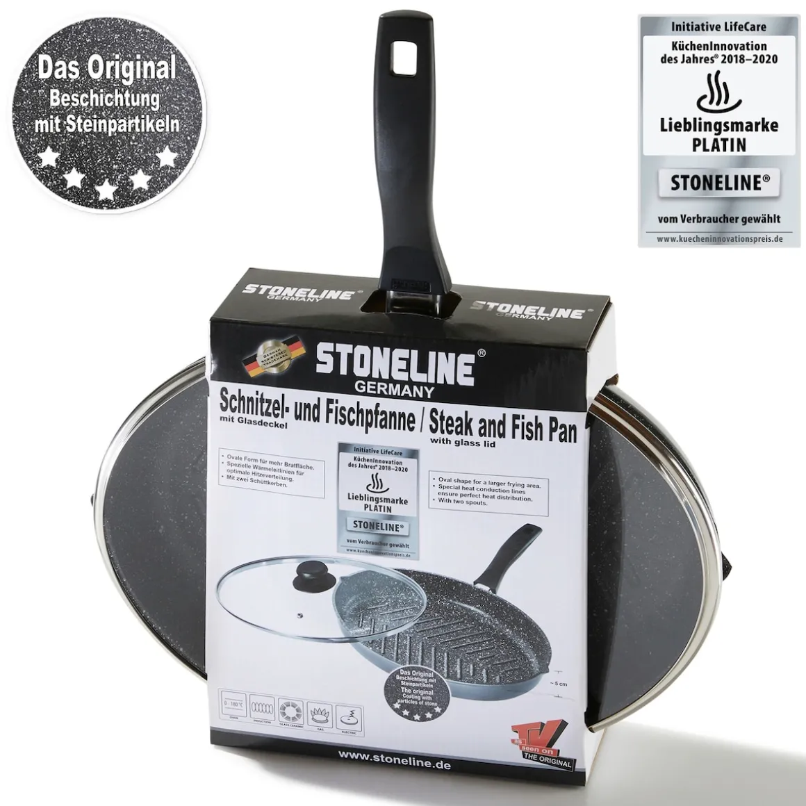 STONELINE Fisch- und Schnitzelpfanne Oval 35x24 cm | mit Deckel