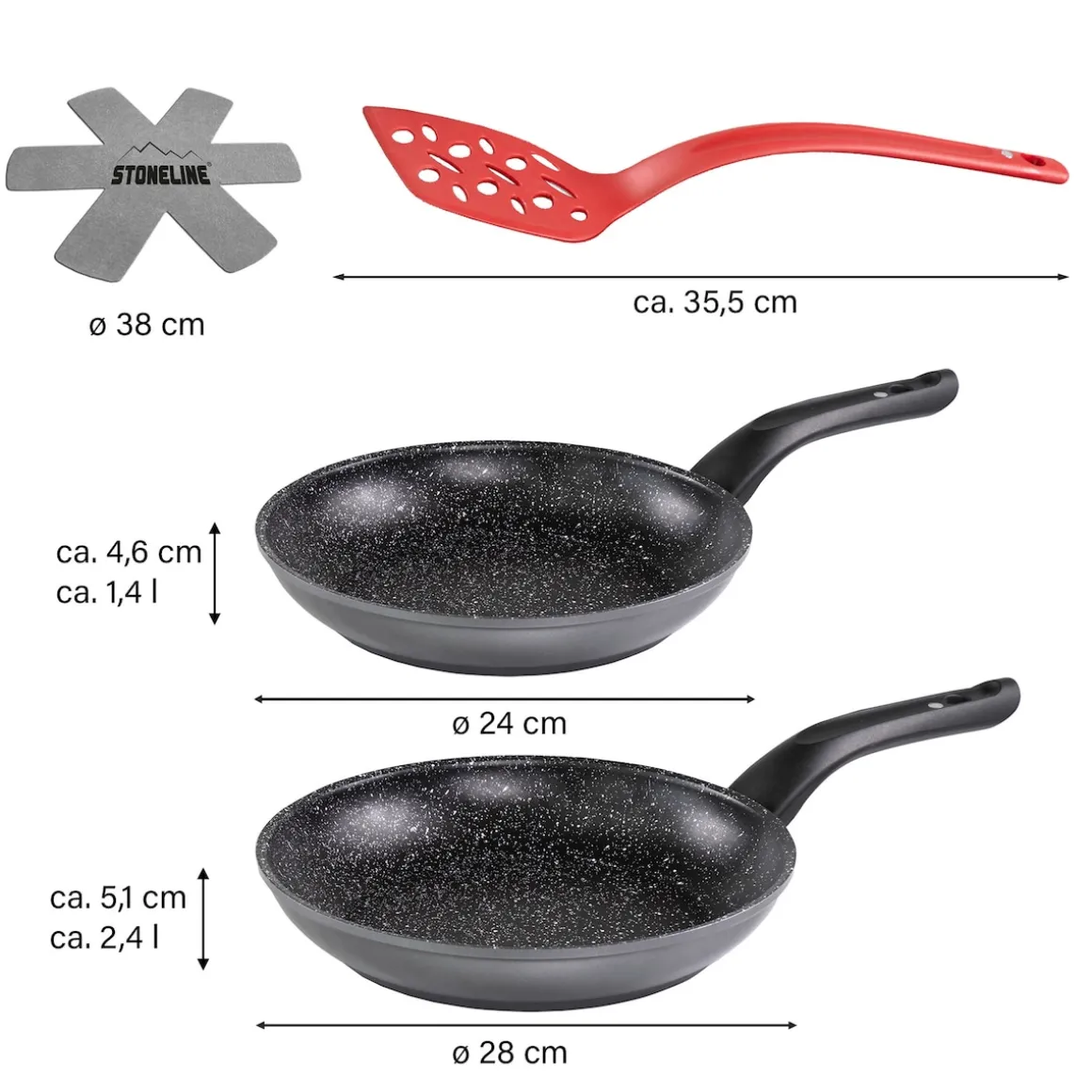 STONELINE Made in Germany Pfannen-Set 6-teilig mit Magnet Griff | ohne Deckel - Schwarz