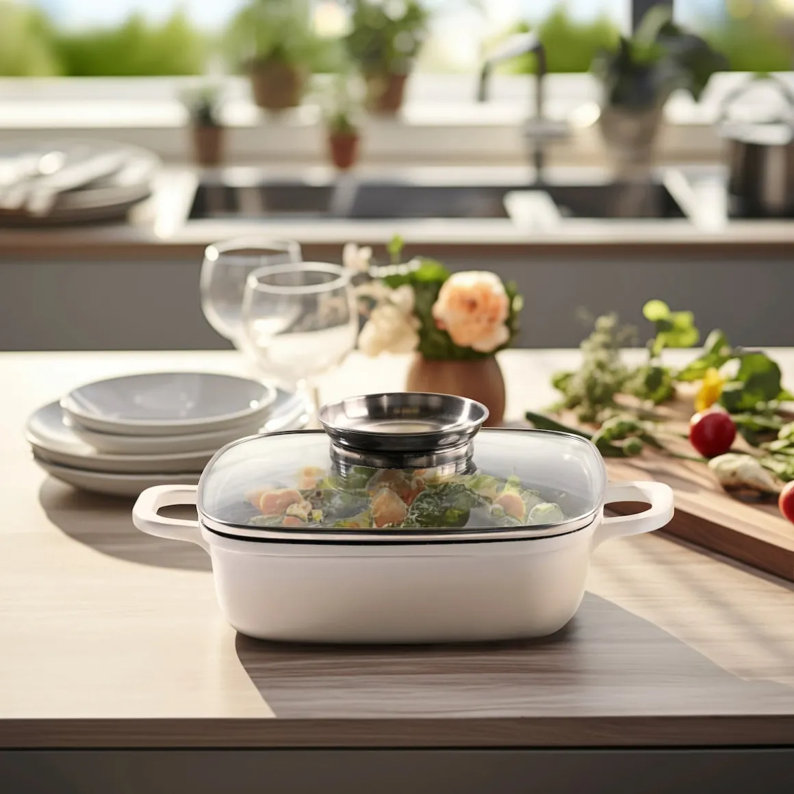 STONELINE Servierpfanne Eckig 20 cm Creme | mit Deckel