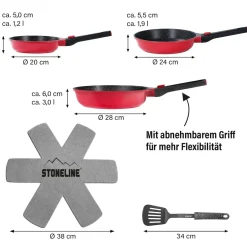STONELINE SMART Pfannen-Set 3-teilig Rot mit abnehmbaren Griffen | ohne Deckel - Schwarz