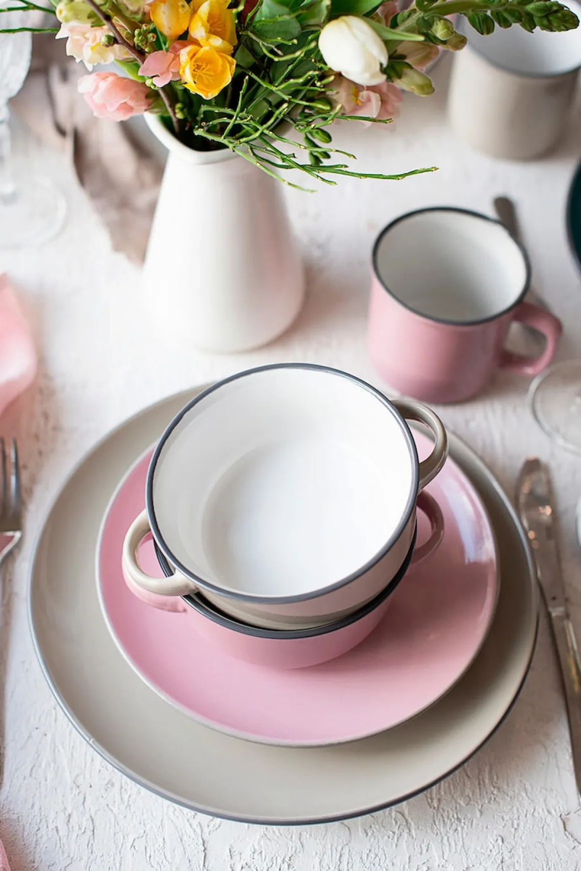 Suppentassen-Set, Steinzeug Maila Hellblau, Hellgrün, Rosa, Grau