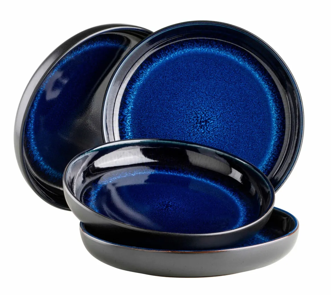 Suppenteller-Set, Steinzeug Niara Schwarz / Blau