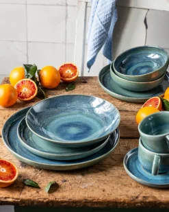 Tafelservice, Steinzeug TIEFER SEE Blau / Grün