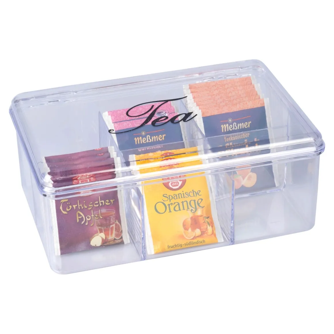 Teebox, transparent mit 6 Fächern