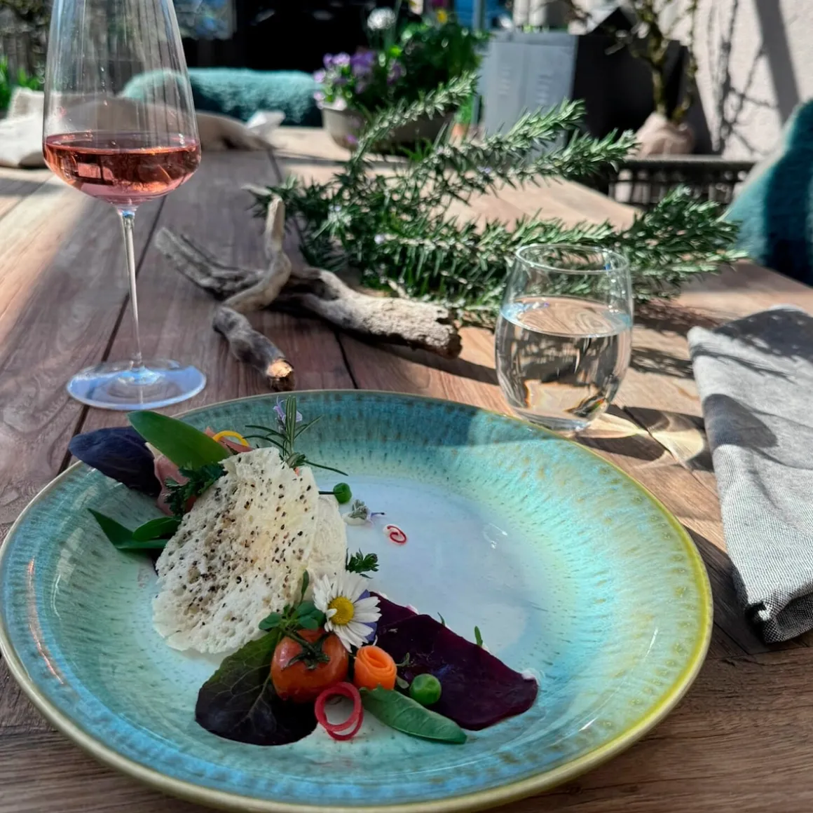 Teller-Set, Steinzeug Flussufer blau, grün, weiß