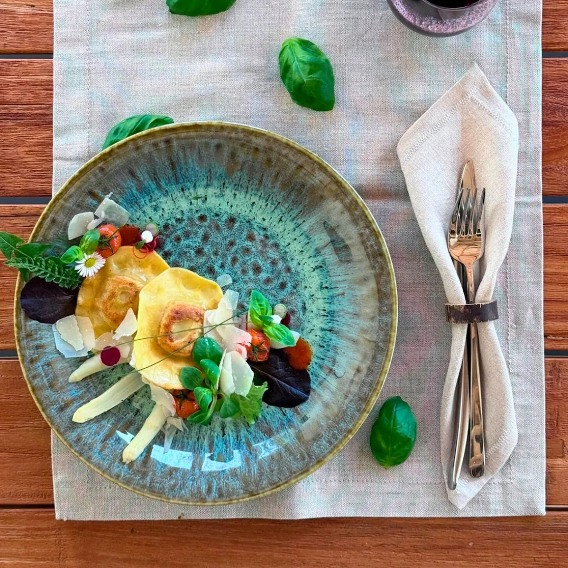 Teller-Set, Steinzeug Flussufer blau, grün, braun